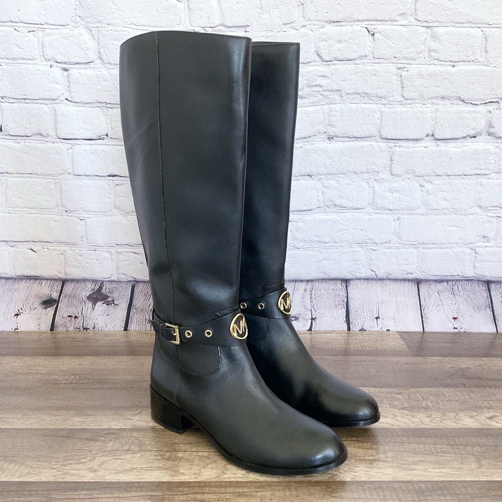 New Michael Kors Heather Boots Black Knee High Gold Hardware Size 8M